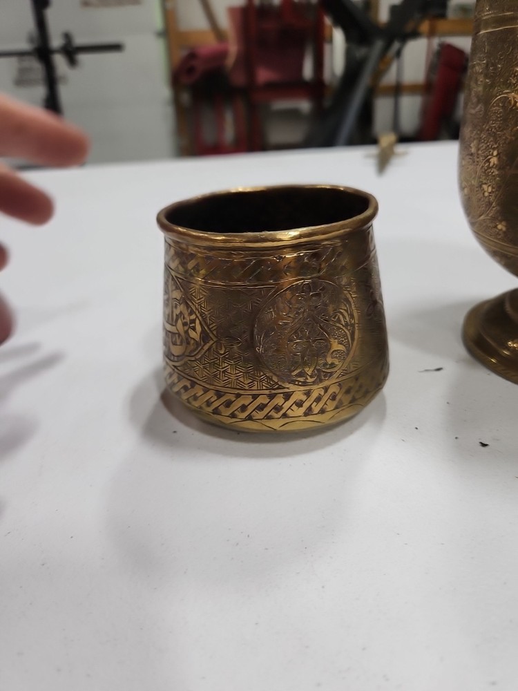 Antique Islamic Brass Basin Bowl engraved & Pierced Calligraphy Script c19th