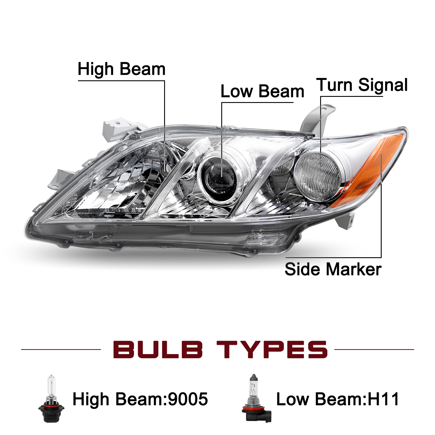 Headlights for 2007 2008 2009 Toyota Camry Chrome Amber Projector LH+RH Pairs