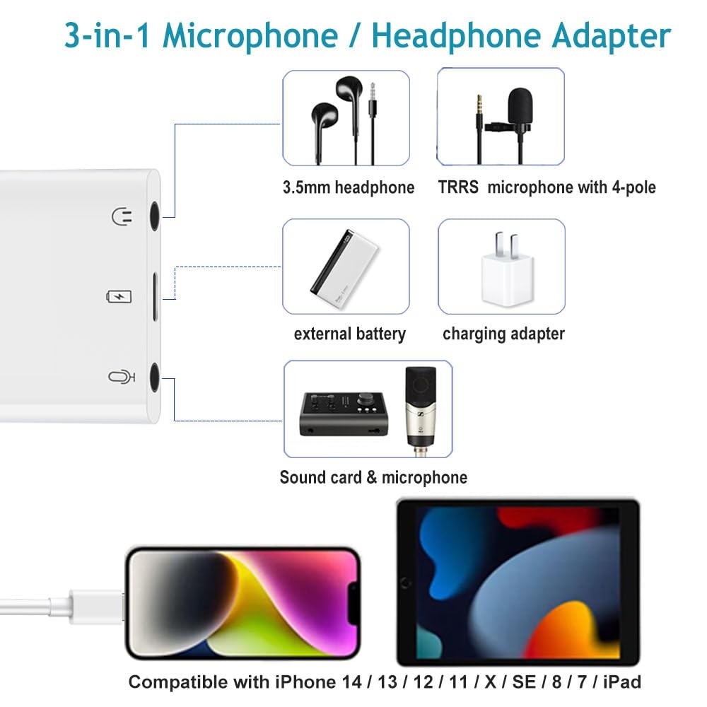 Ceotsak iPhone Microphone Adapter for Live-Streaming, & White