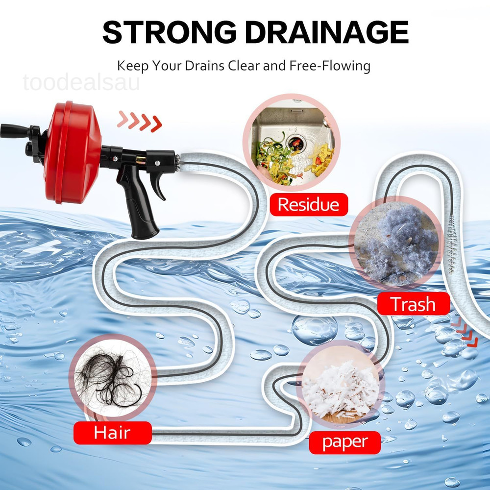 35ft Plumbing Snake Drain Auger with Auto-Retract Function, Red