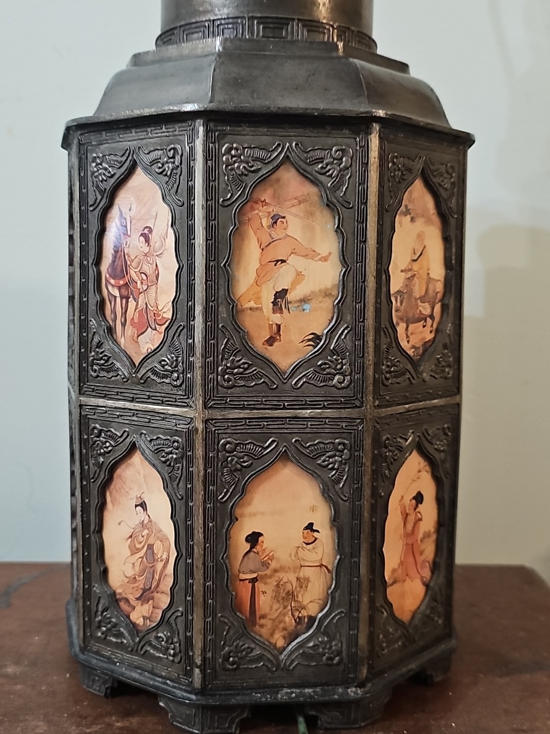 Antique Pewter Tea Caddy Canister w/ 18 Glass Scenes Reverse Painted Panels LAMP