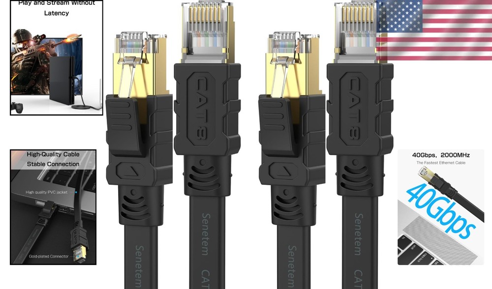 Cat 8 Ethernet Cable 3FT 2 Pack - 40Gbps Flat LAN Cord for Gaming & Streaming