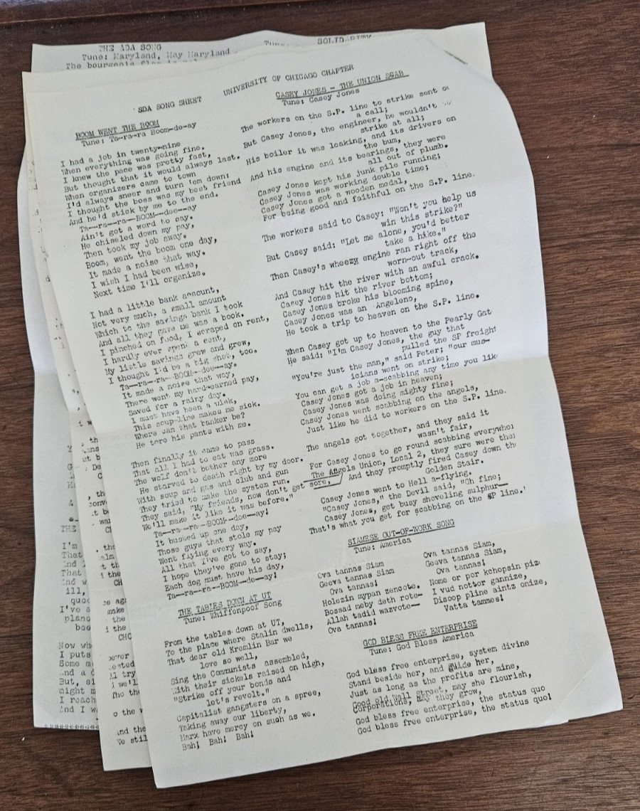 1950 SDA Students for Democratic Action Univ. of Chicago song sheet ADA student