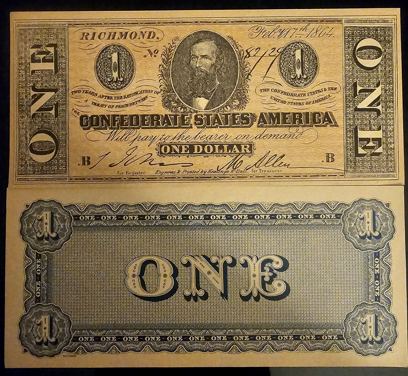 CONFEDERATE STATES OF AMERICA ONE DOLLAR BANKNOTE FACSIMILE PRISTINE CONDITION