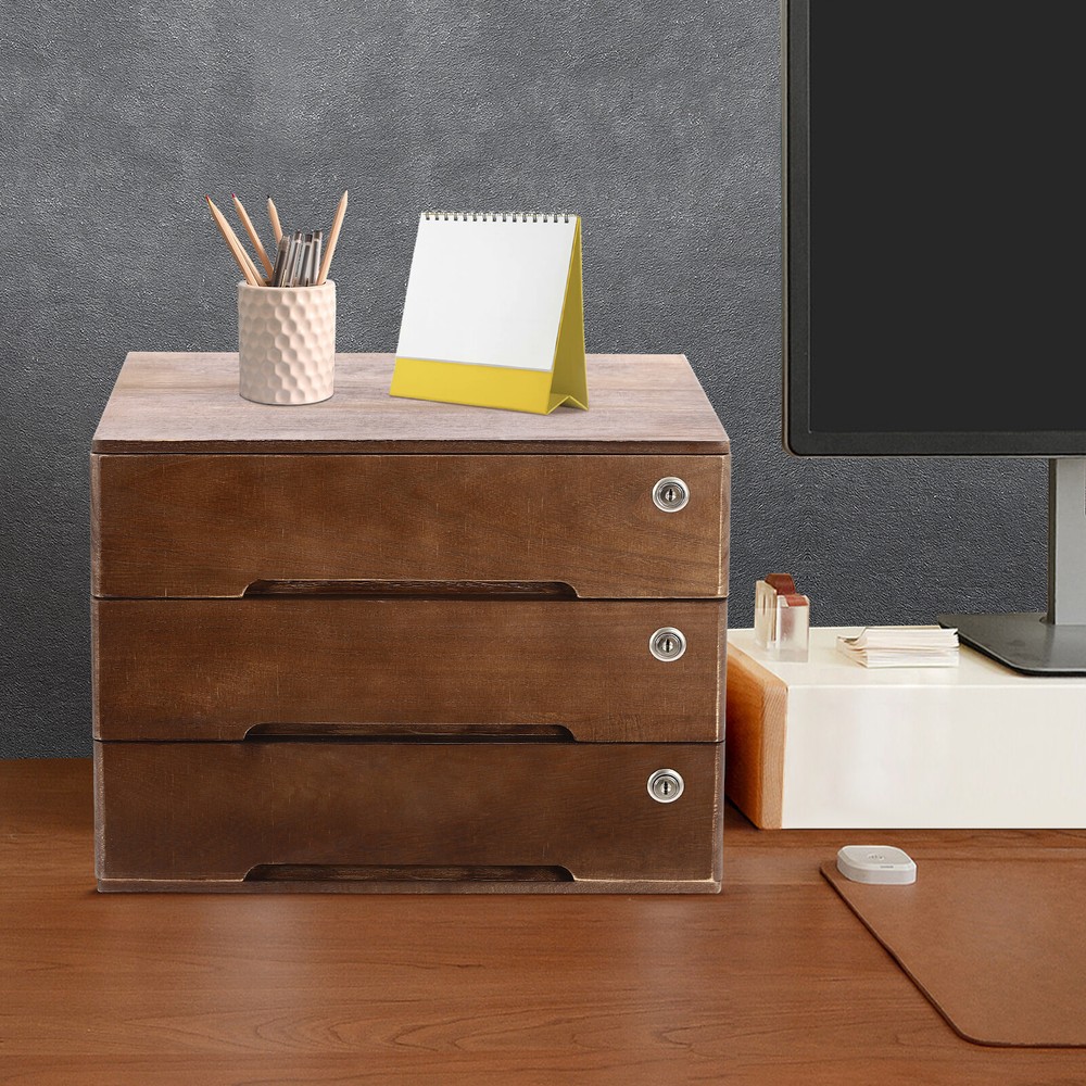 Walnut Desktop Storage Cabinet with 3 Lockable Drawers for Organized Workspaces
