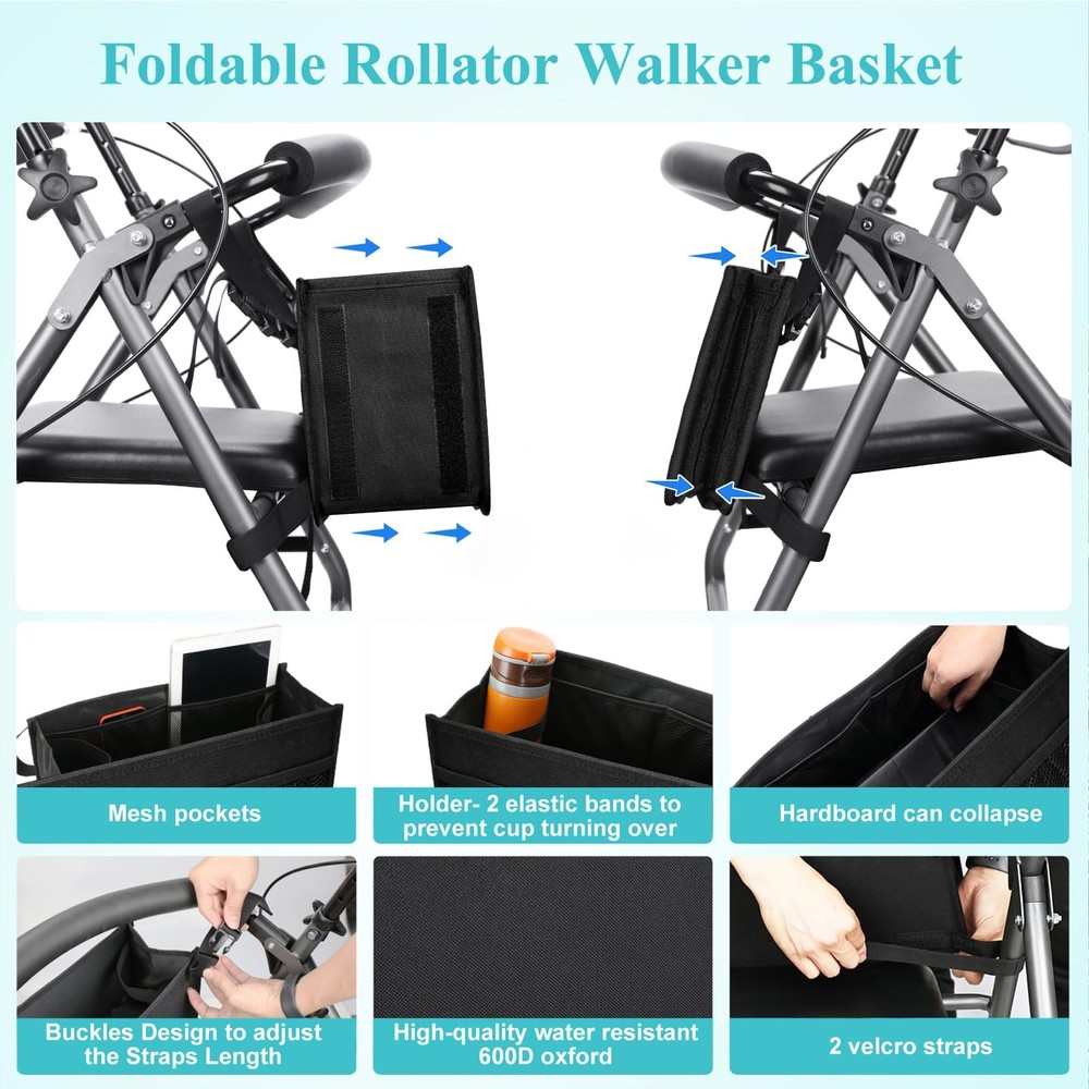 Dotday Rollator Basket, Walker Bag with Cup Holder, Folding Black
