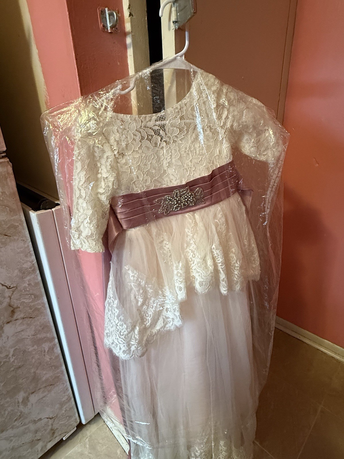 Lace A-Line Boat Neck Wedding Dress with Veil and Purple Sash