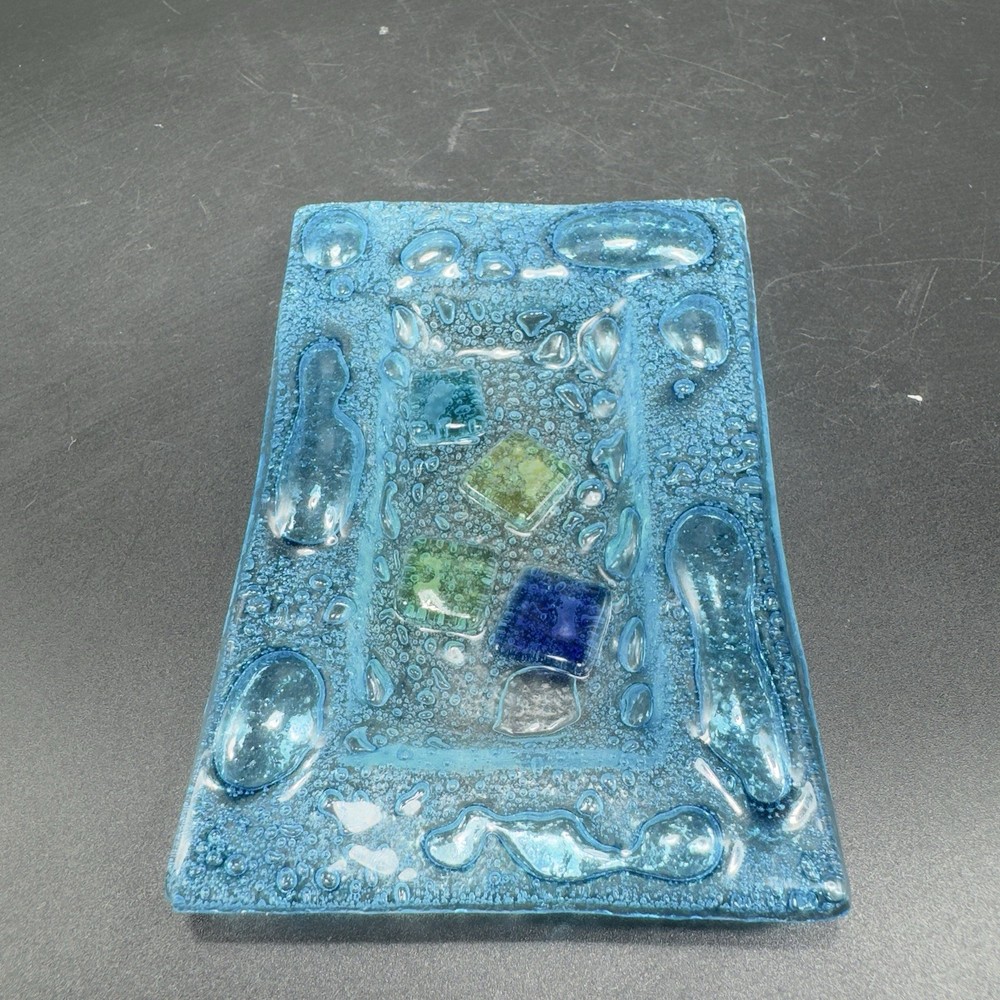 Vintage Hand Made Rectangular Trinket Dish Holder Container Plate Blue Bubbles
