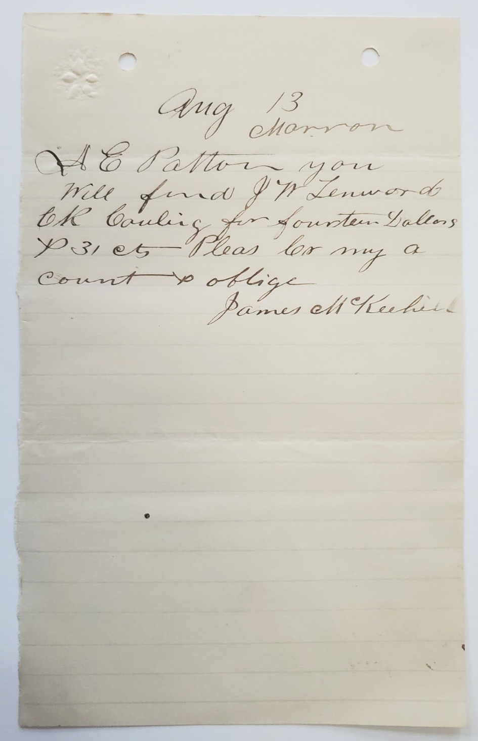 1890s Letter, James McKeehill, Marron, PA, To A.E. Patton (Curwensville Bank)