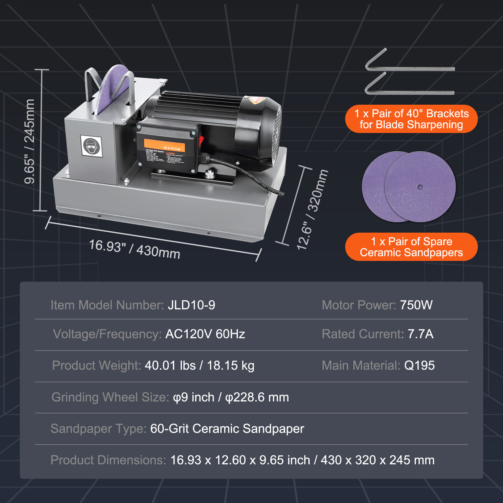 Lawn Mower Blade Sharpener 1HP 750W with 9-inch Ceramic Grinding Wheel