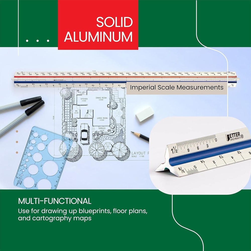 12 Inch Aluminum Triangular Ruler with Color Code for Drafting & Architect Use