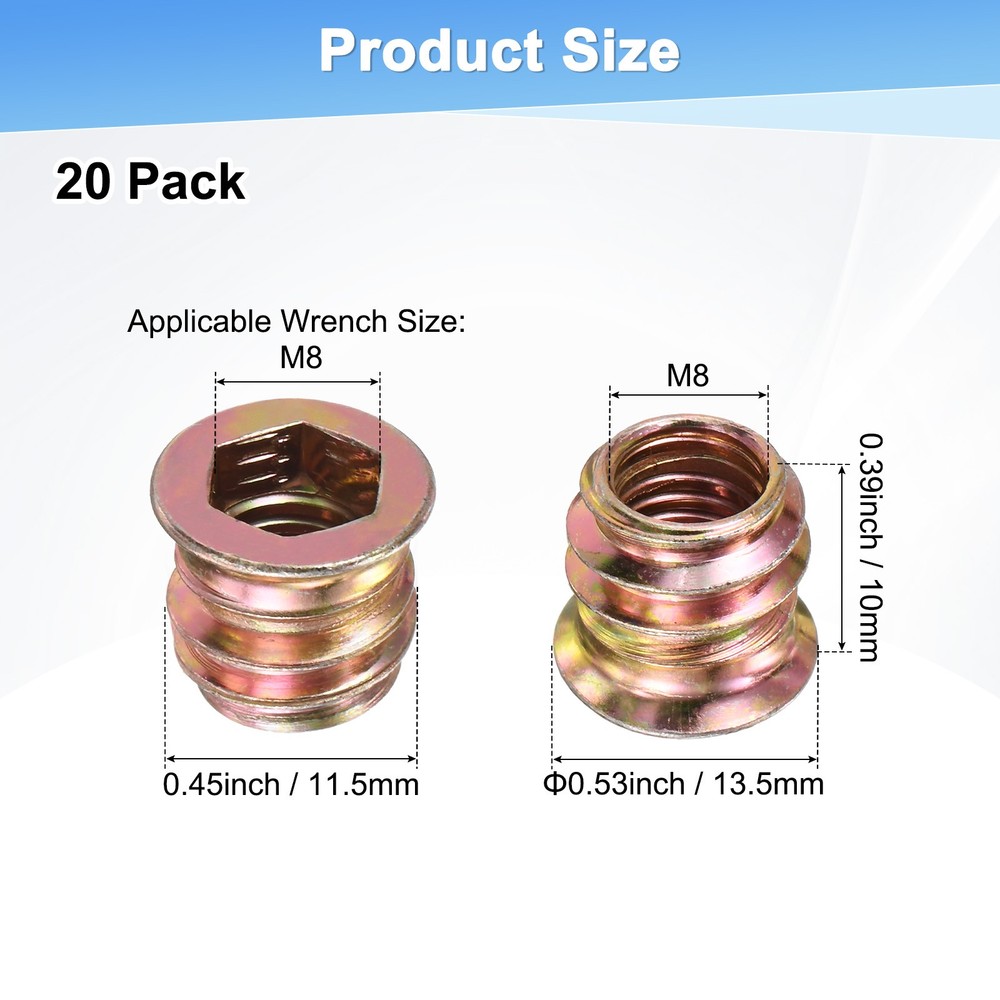20-Pack Threaded Inserts for Wood, M8x10mm Threaded Insert Nuts [Gold Tone]