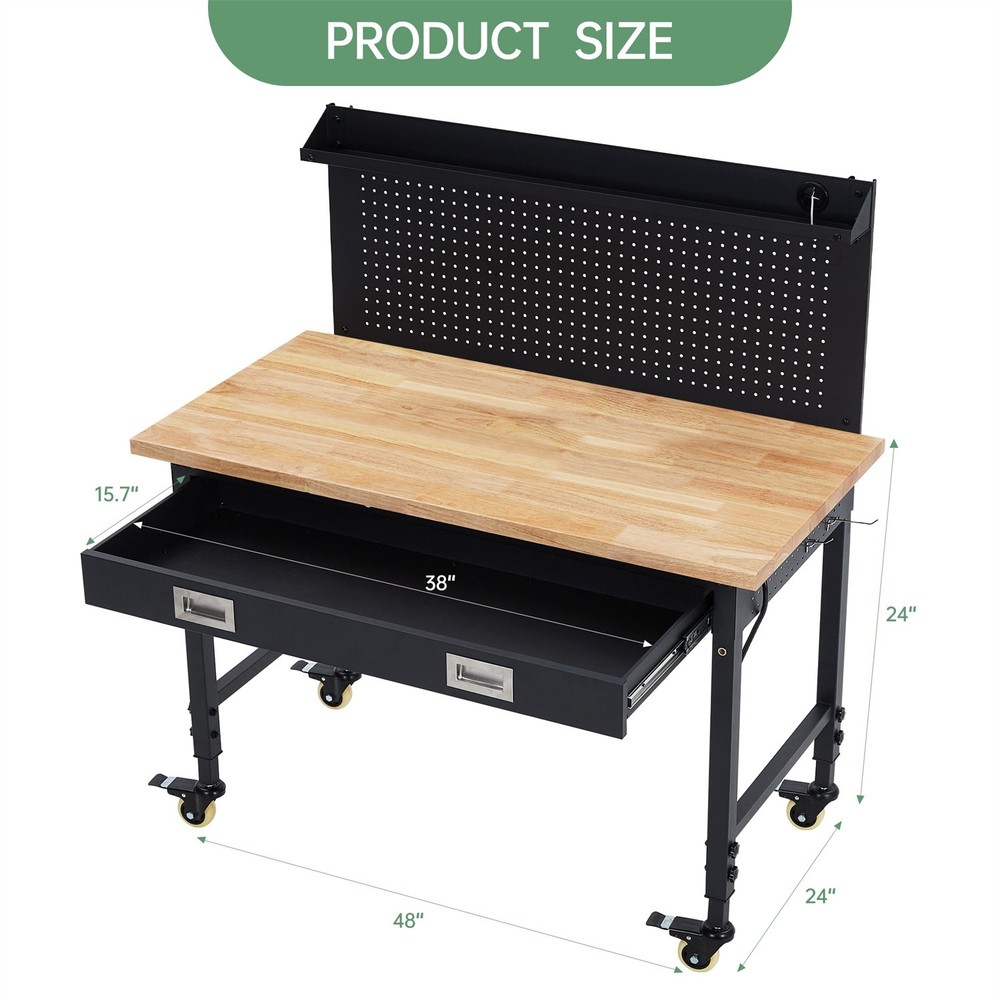 😸48" Work Benches for Garage Adjustable Workbench with Wheels Pegboard Drawer