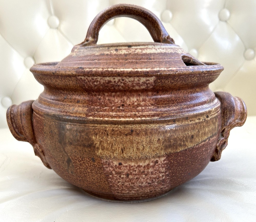 Vintage Primitive Stoneware Lidded Bean Pot Marked Townsend