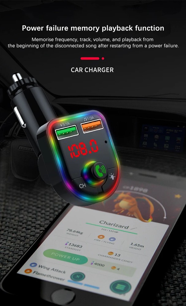 Car Bluetooth 5.3 FM Multifunction Adapter Dual USB Port Quick Charge Adapter