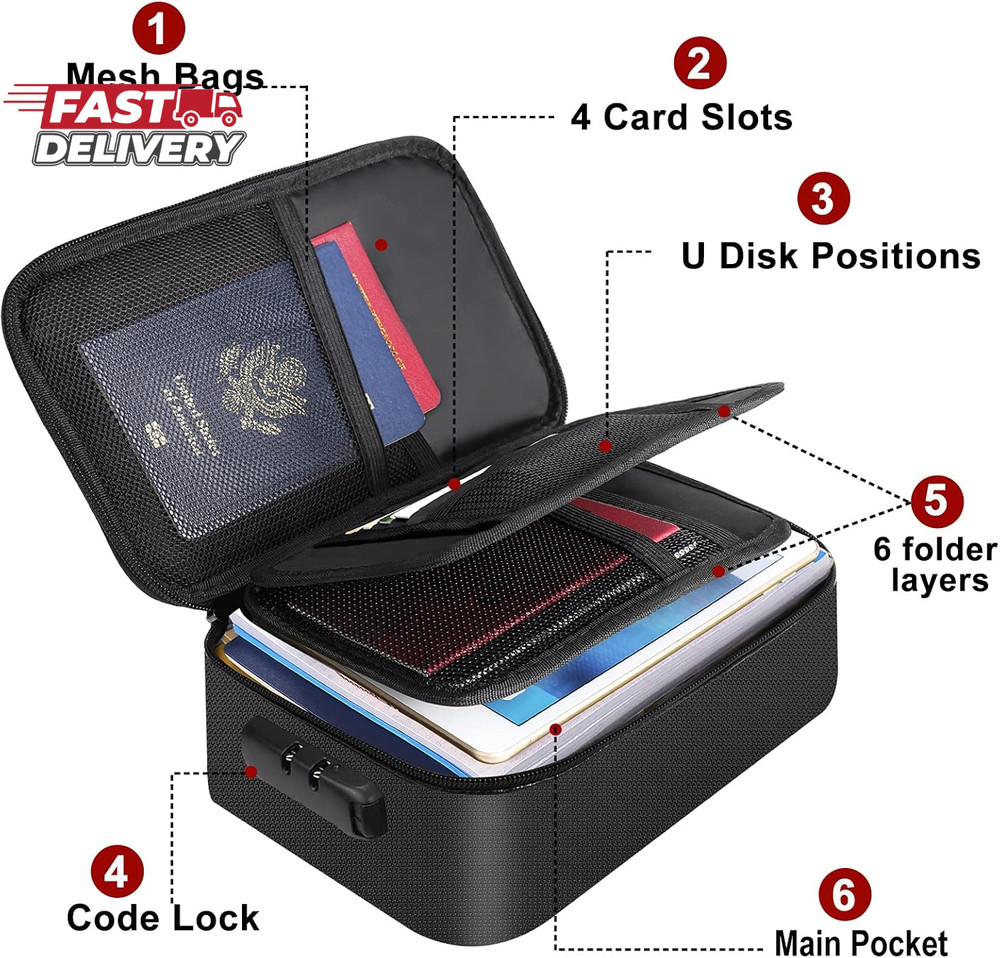 ENGPOW Small Fireproof Storage Organizer Case with Lock(9”X 5.3”X 3.7”), 3-Layer