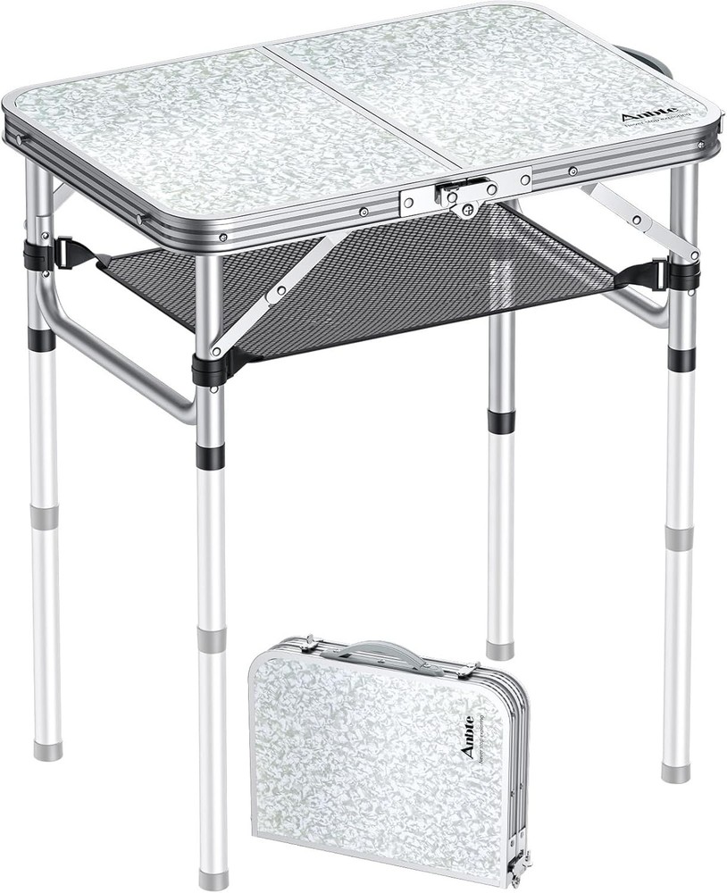2ft Camping Table Foldable W/ Storage Net 3 Adjustable Heights Aluminum Small