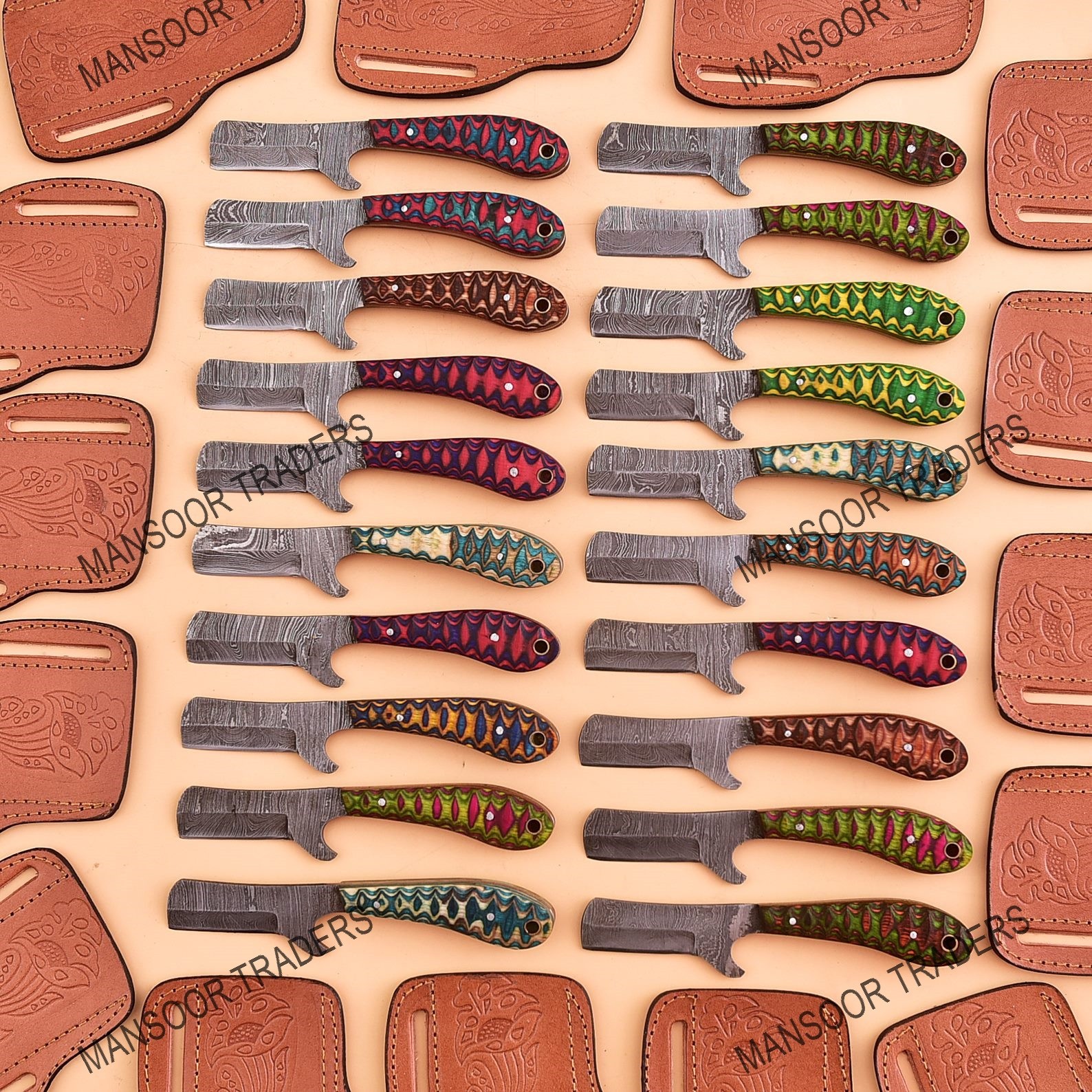 LOT OF 20 CUSTOM MADE DAMASCUS STEEL  HUNTING SKINNER BULL CUTTER EDC KNIFE