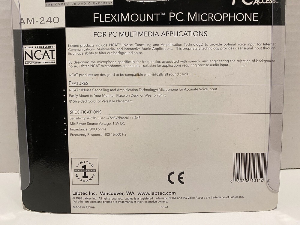 Labtec AM-240 Cable Consumer Microphone Fleximount PC Microphone Brand New!