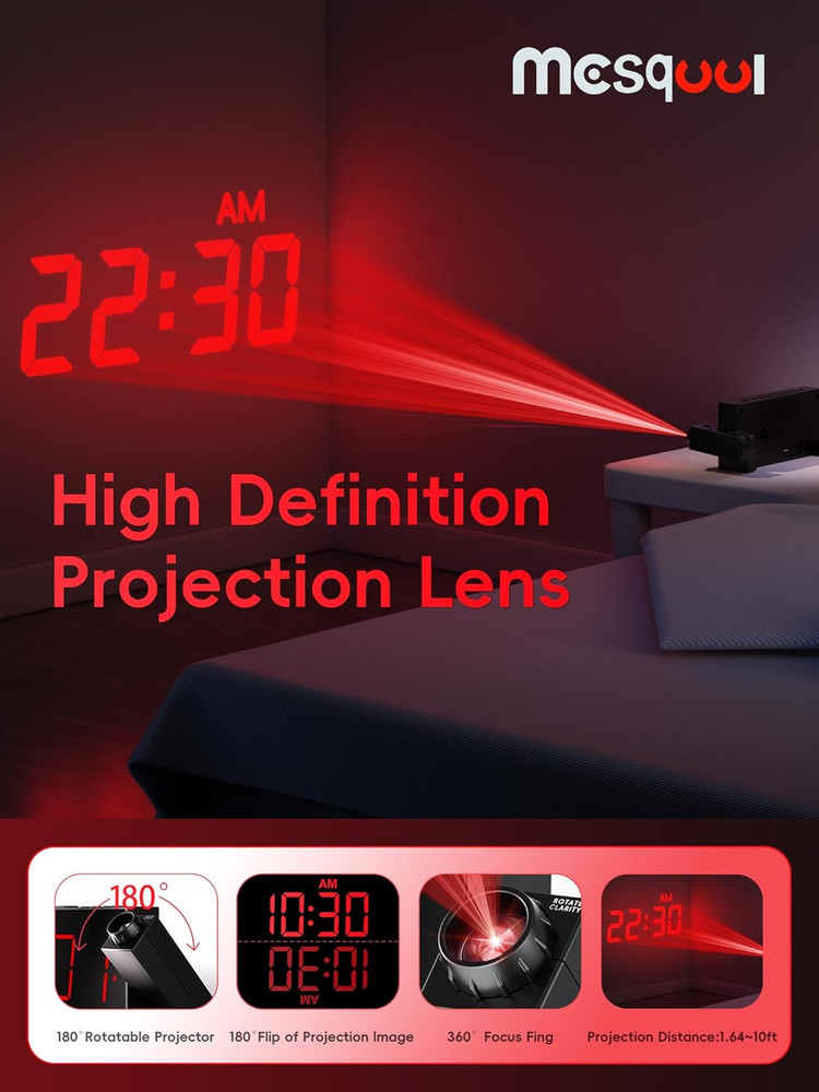 Projection Alarm Clock, Digital Clock with 180° Rotatable Projector, 5-Level Bri