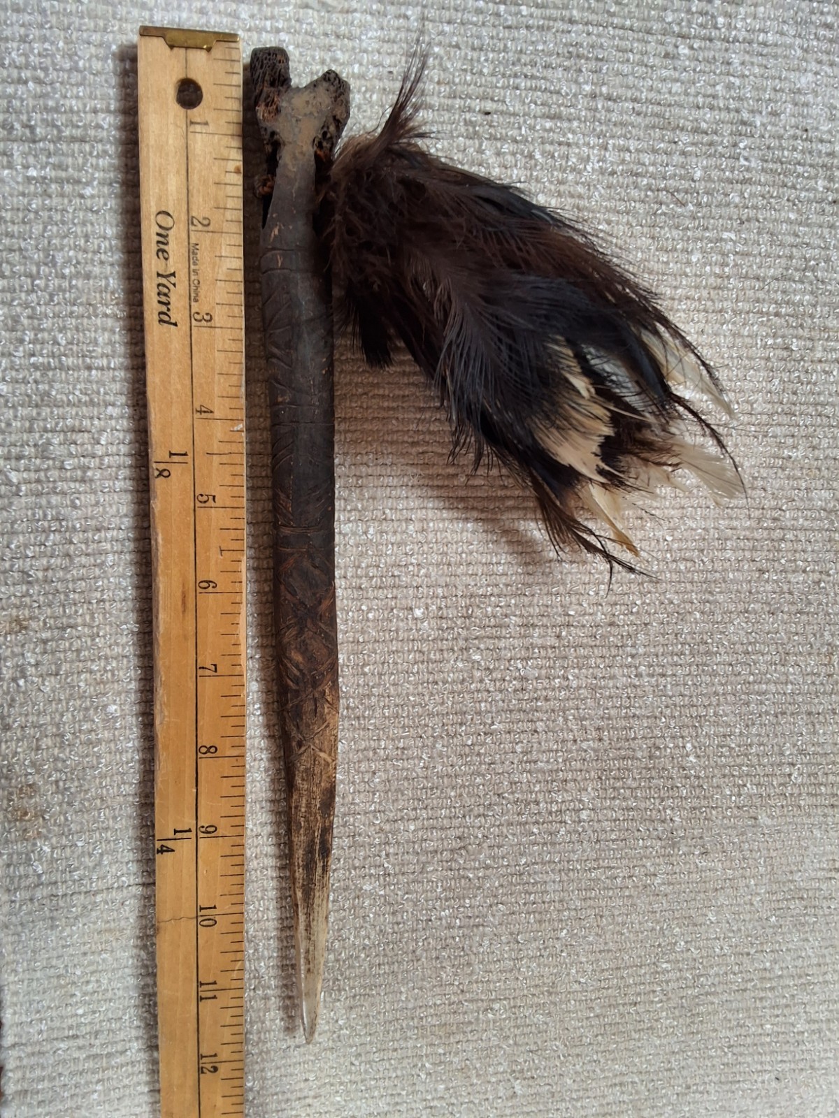 Papua New Guinea Rat Tooth Carved Dagger With Feathers