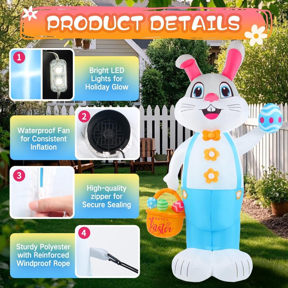 6FT Easter inflatables Bunny Outdoor Decorations LED Lighted Blow Up Blue