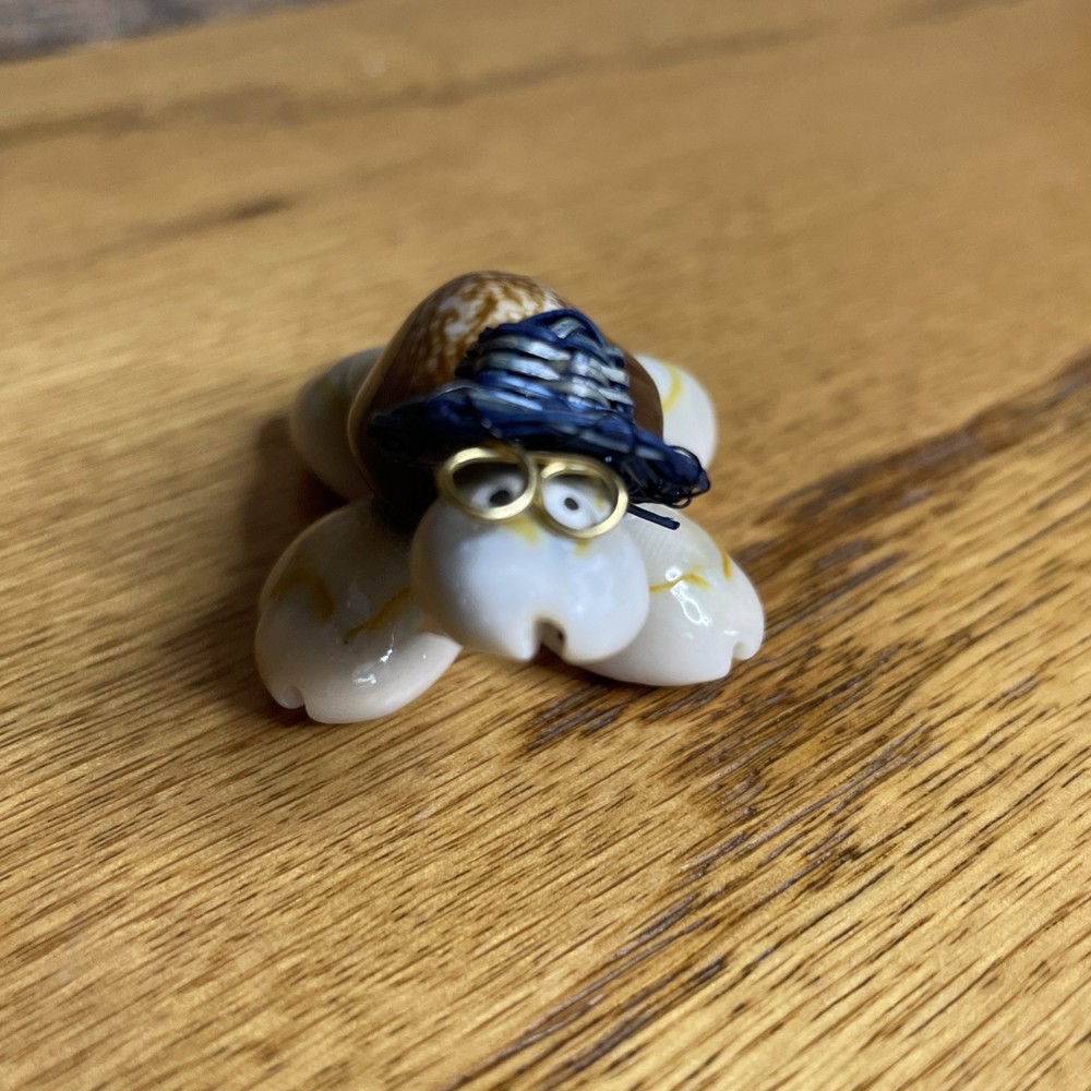 Tiny Vintage Seashell Turtle with Glasses and Straw Hat, Desk Decor