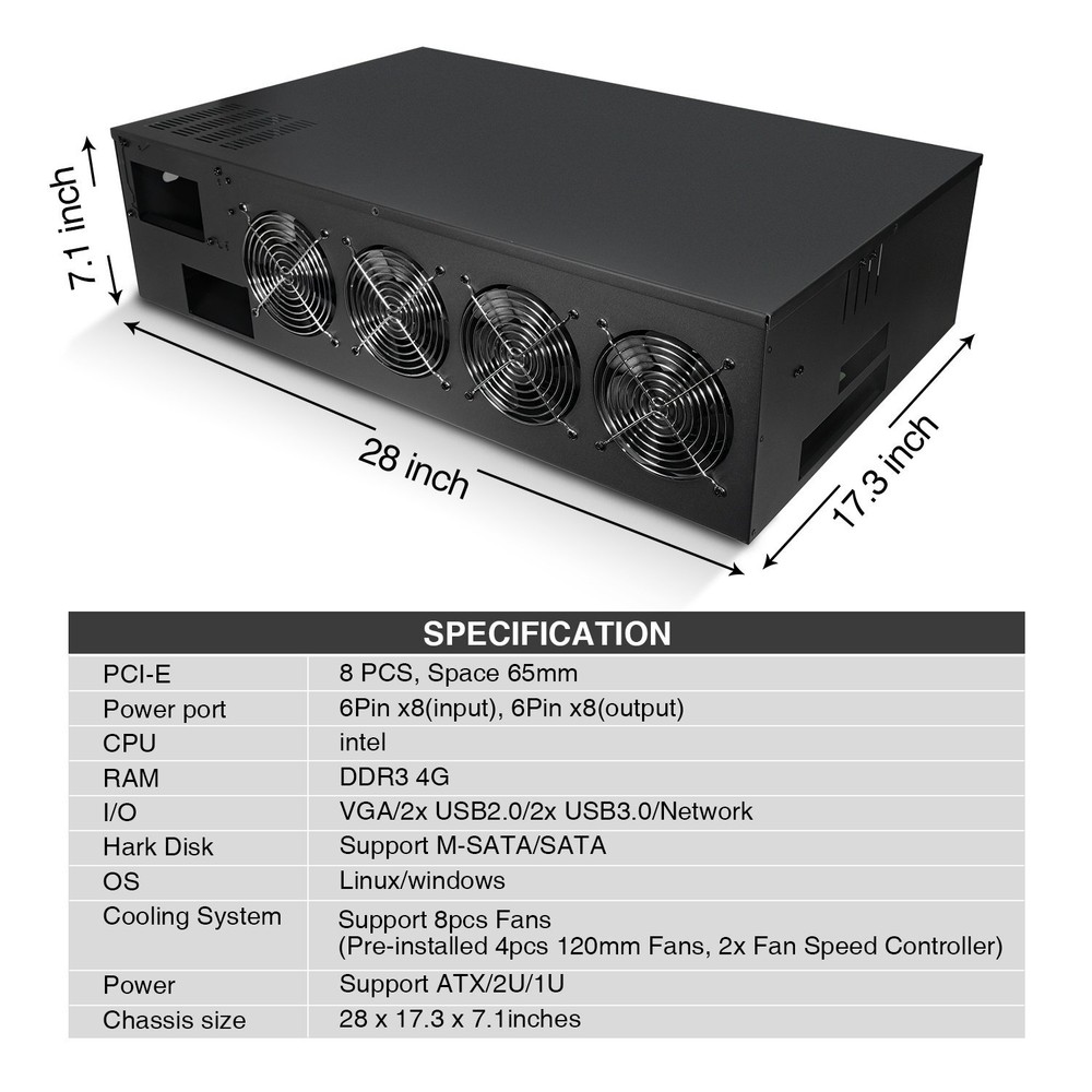 ETH BTC Mining Rig Case 8 GPU Ports Mining Frame W/ Mining Motherboard CPU RAM