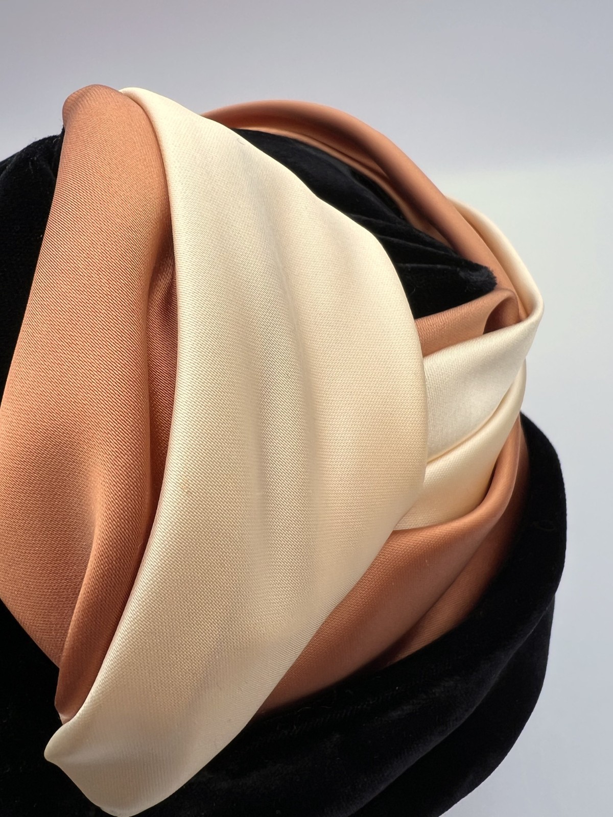 Vintage Shari Creations Turban Hat Black Velvet Cream Copper Satin USA Union