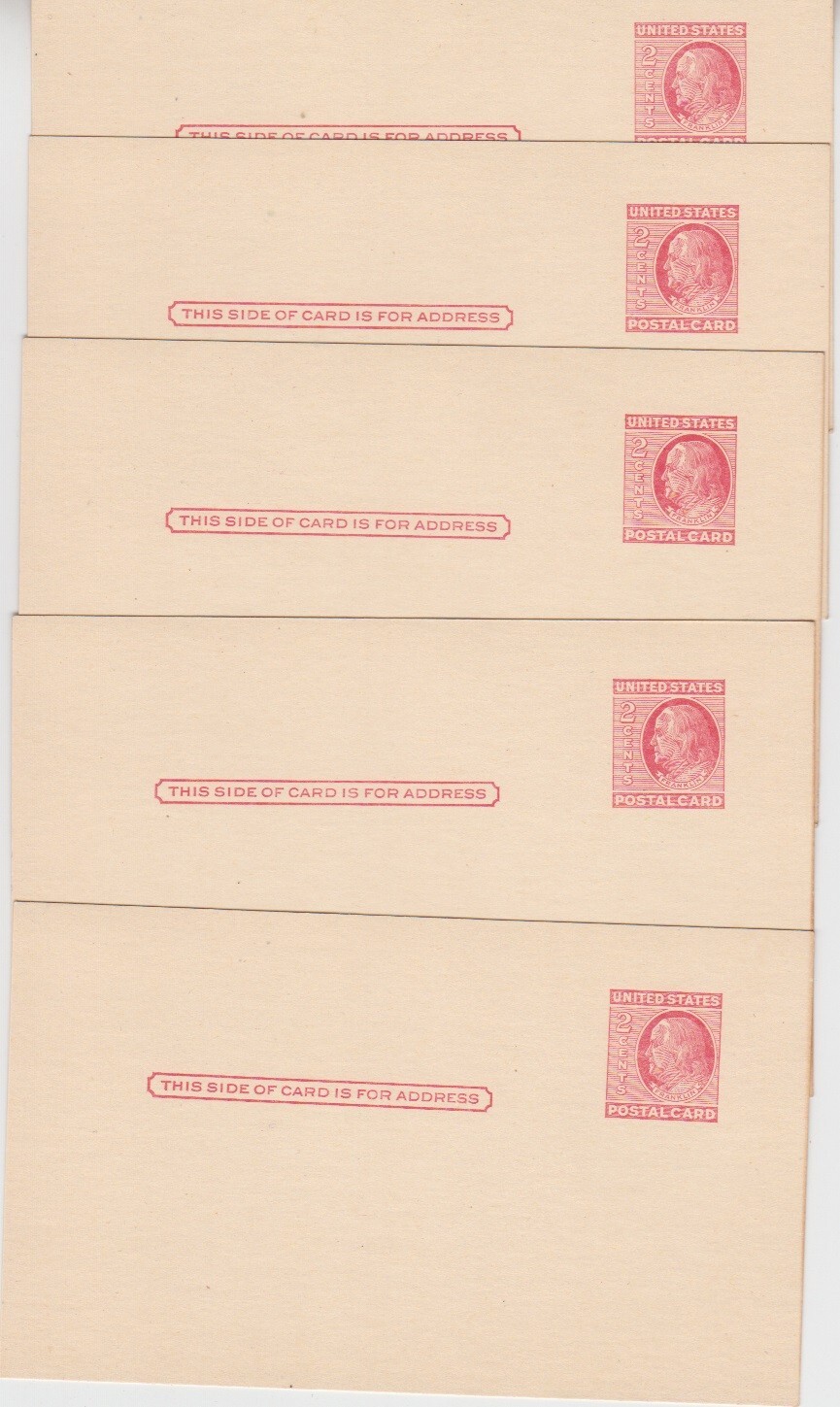 Ben Franklin Prepaid Postal Stationary Cards. 2 Cent.  US UX38. 5 unused cards.