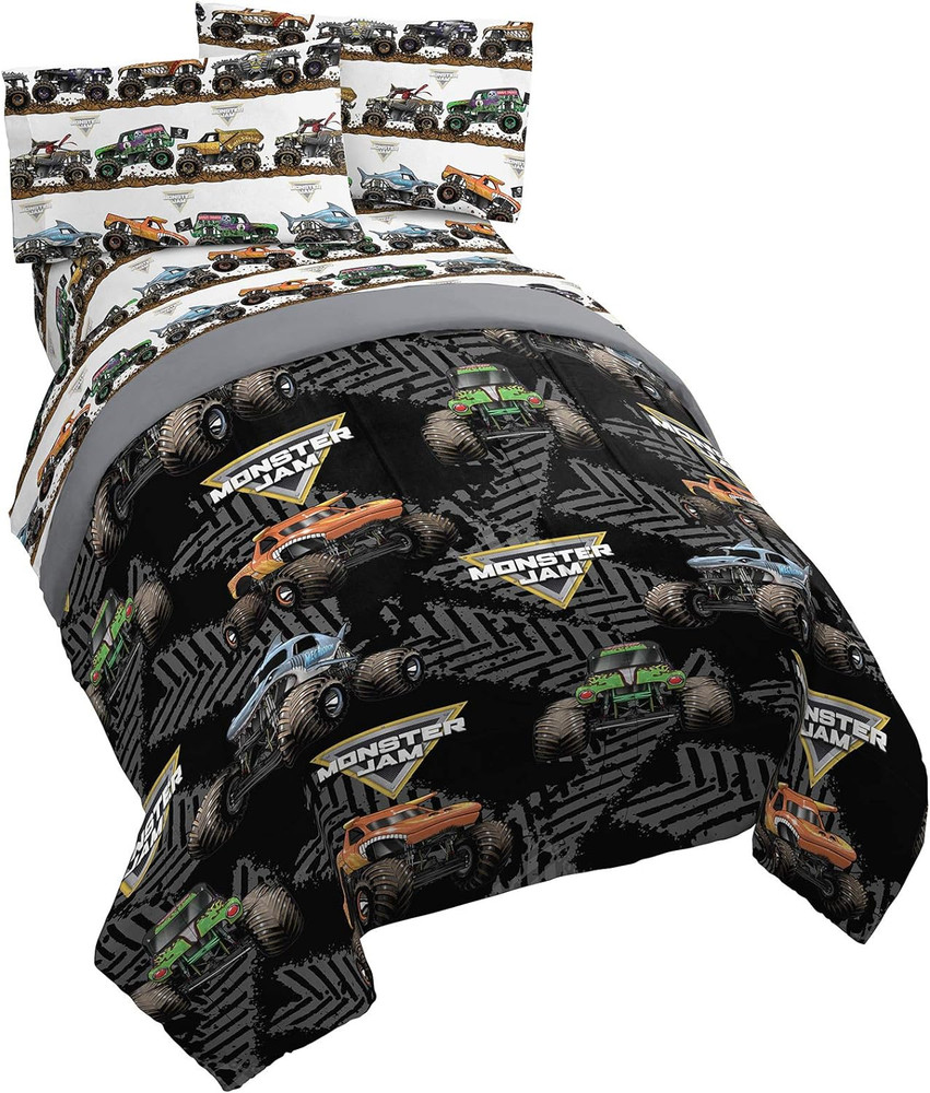 Monster Jam Tracks 4 Piece Twin Bed Set - Includes Comforter & Sheet Set - Beddi