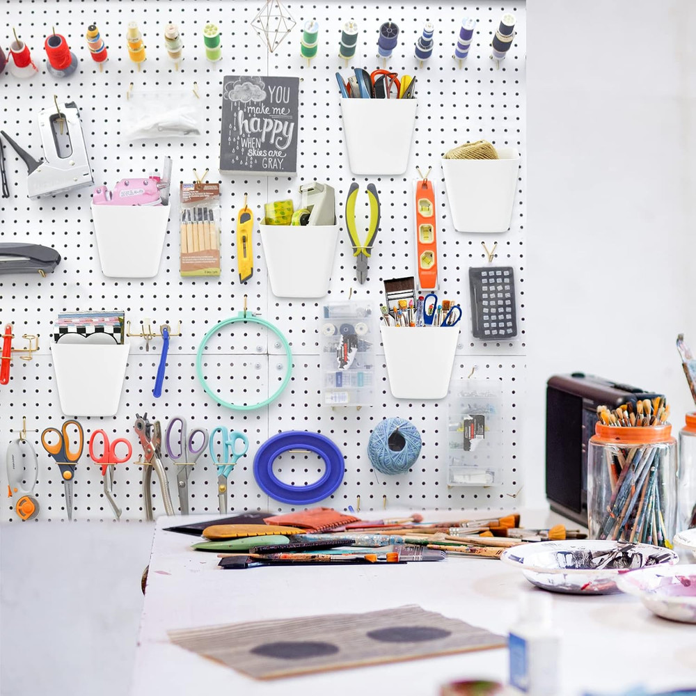 Large Pegboard Cups Peg Board Storage Bin 6 Pack with Hooks, Square Box Shape Pe