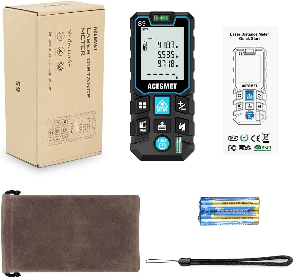Laser Measuring Tape 229Ft M/In/Ft Backlit LCD with Mute Function
