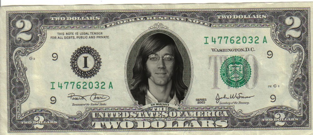 Ray Manzarek $2 Dollar bill Mint real Doors