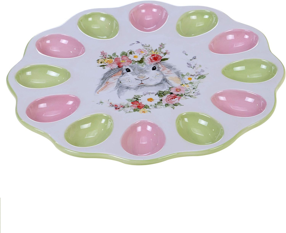 Sweet Bunny DEVILED EGG PLATE, 12.25 Inch Ceramic Egg Serving Tray, Easter Bunny