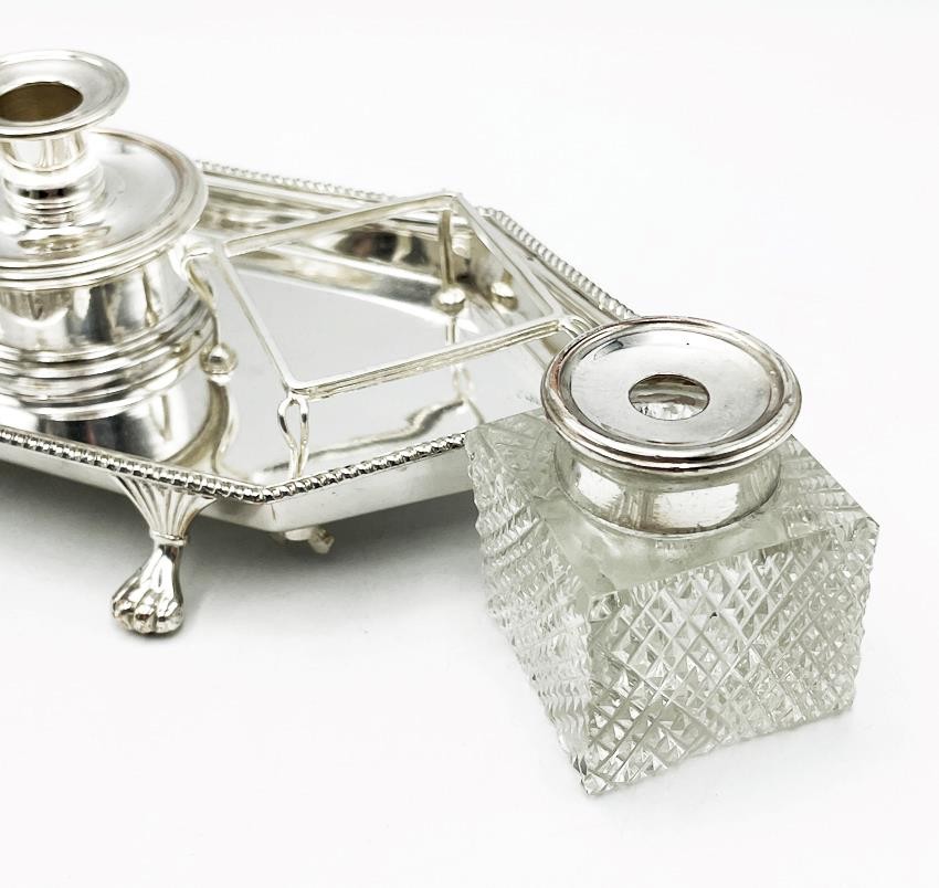 DESK INKSTAND SILVER PLATED ANTIQUE LION PAW FEET