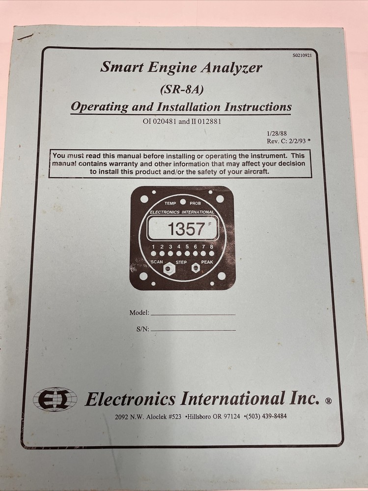 SR-8A Smart Engine Analyzer Operating And Installation Instructions Aviation USA