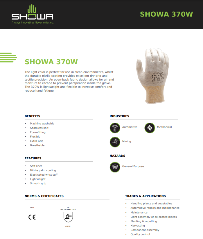 12 PAIR Showa Atlas 370W WHITE Nitrile Palm Coated GARDENING WORK GLOVES LARGE