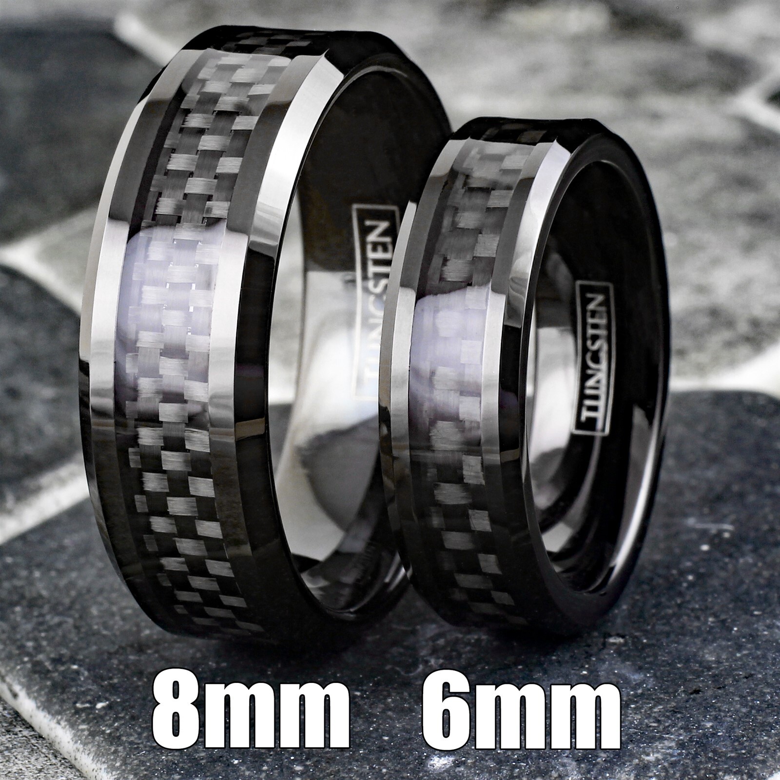 8mm Tungsten Carbide Ring Black Carbon Fiber Inlay Wedding Band Mens Jewelry