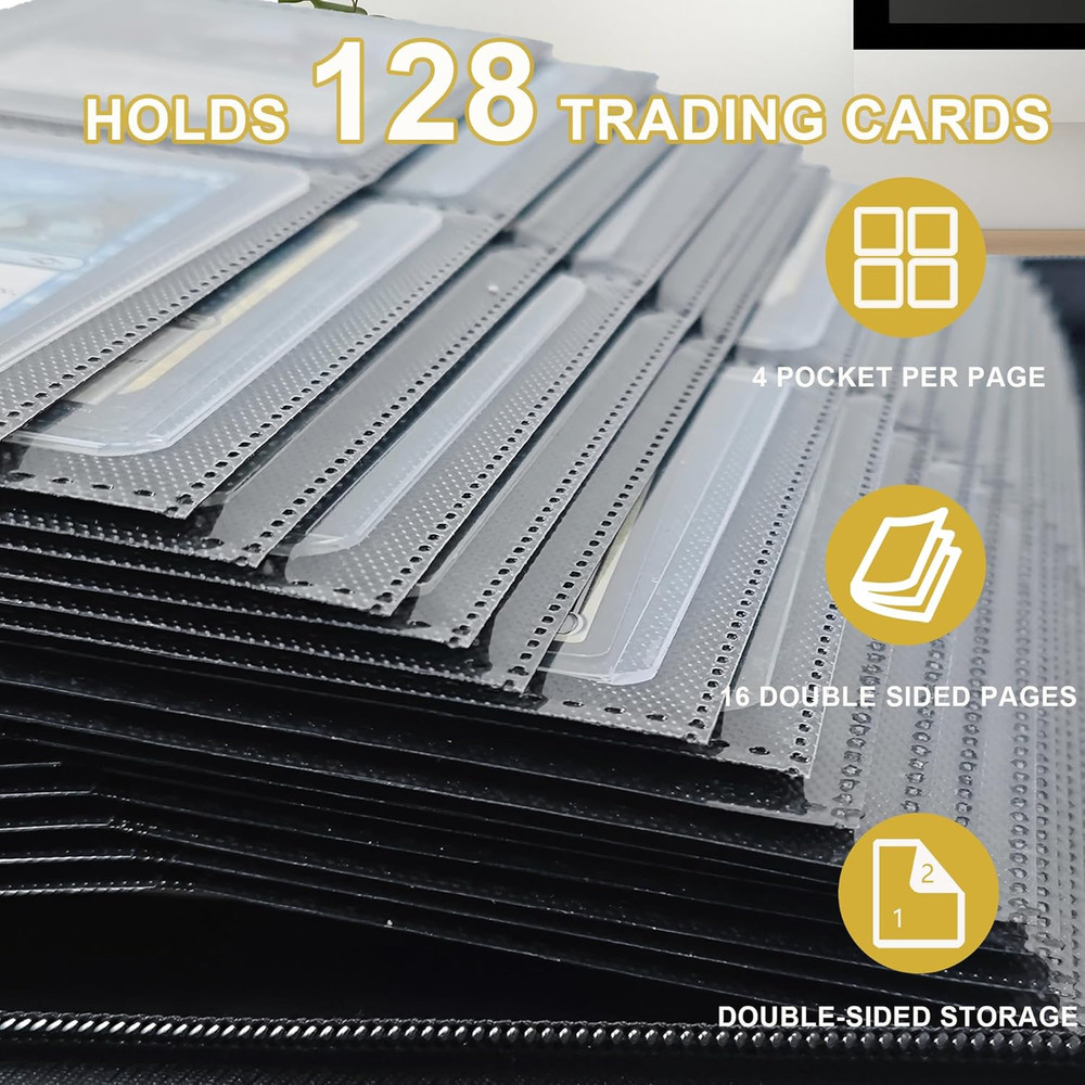Toploader Binder 4 Pocket, Holds 128 Toploaders, Double-Sided Card Storage Binde