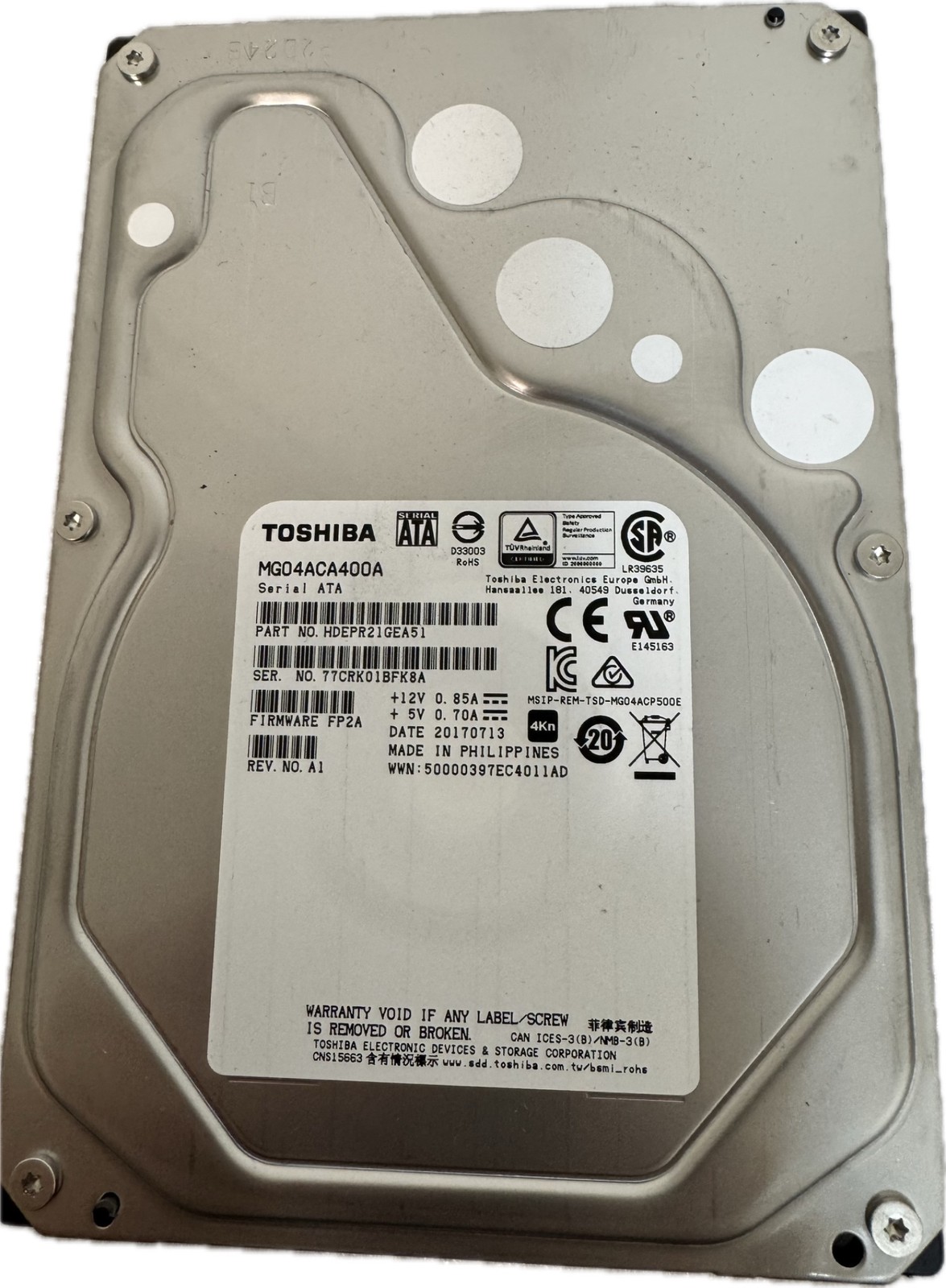 Toshiba MG04ACA400A HDEPR21GEA51 FP2A REV. A1 4TB 4000gb 3.5" SATA Hard Drive HD