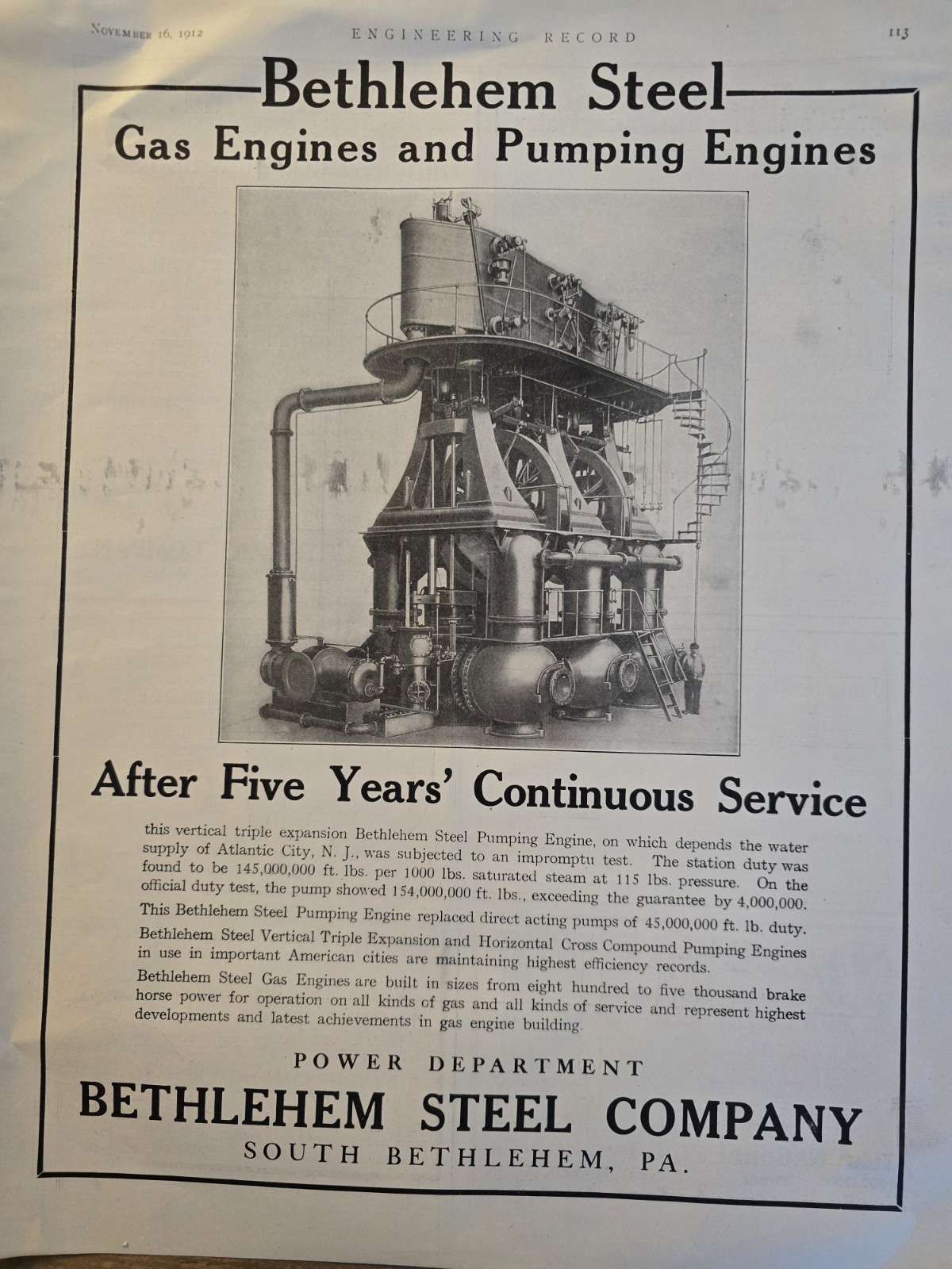 1912 Bethlehem Steel Co South PA gas and pumping Engines vintage Power ad