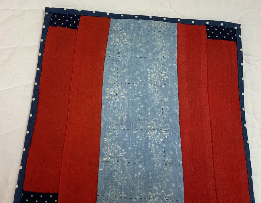 Vintage Antique Patchwork Quilt Table Topper, Log Cabin, Challis Wool, Red, Navy