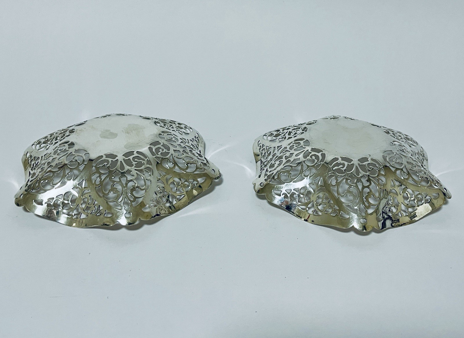 Matching Pair Antique Vintage Solid Sterling Silver Bonbon Dishes / Bowls