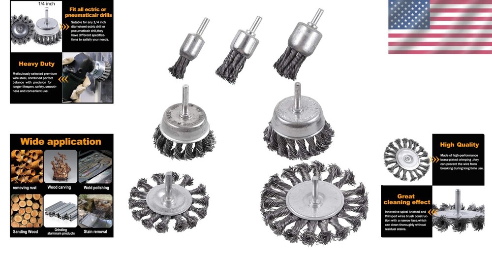 Versatile 7-Pc Wire Brush & Wheel Set with Knotted Design for Drill Applications