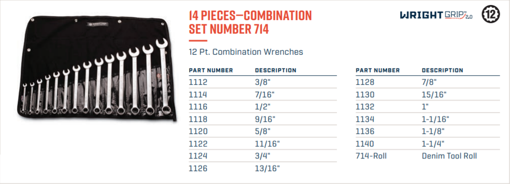 Wright Tool WRIGHTGRIP® 2.0 12 Point Combination Wrench Set 14 Piece SAE 714