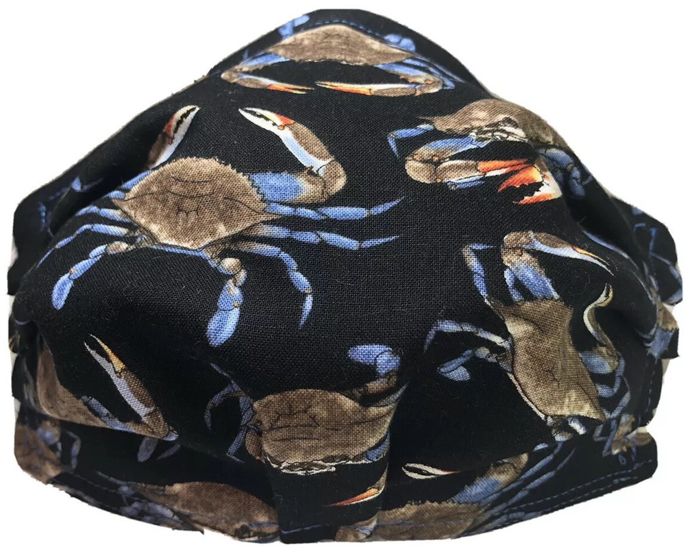 Blue Crabs On Black / Blue Back Face Mask Triple Layer Double Wire Full  Fitted