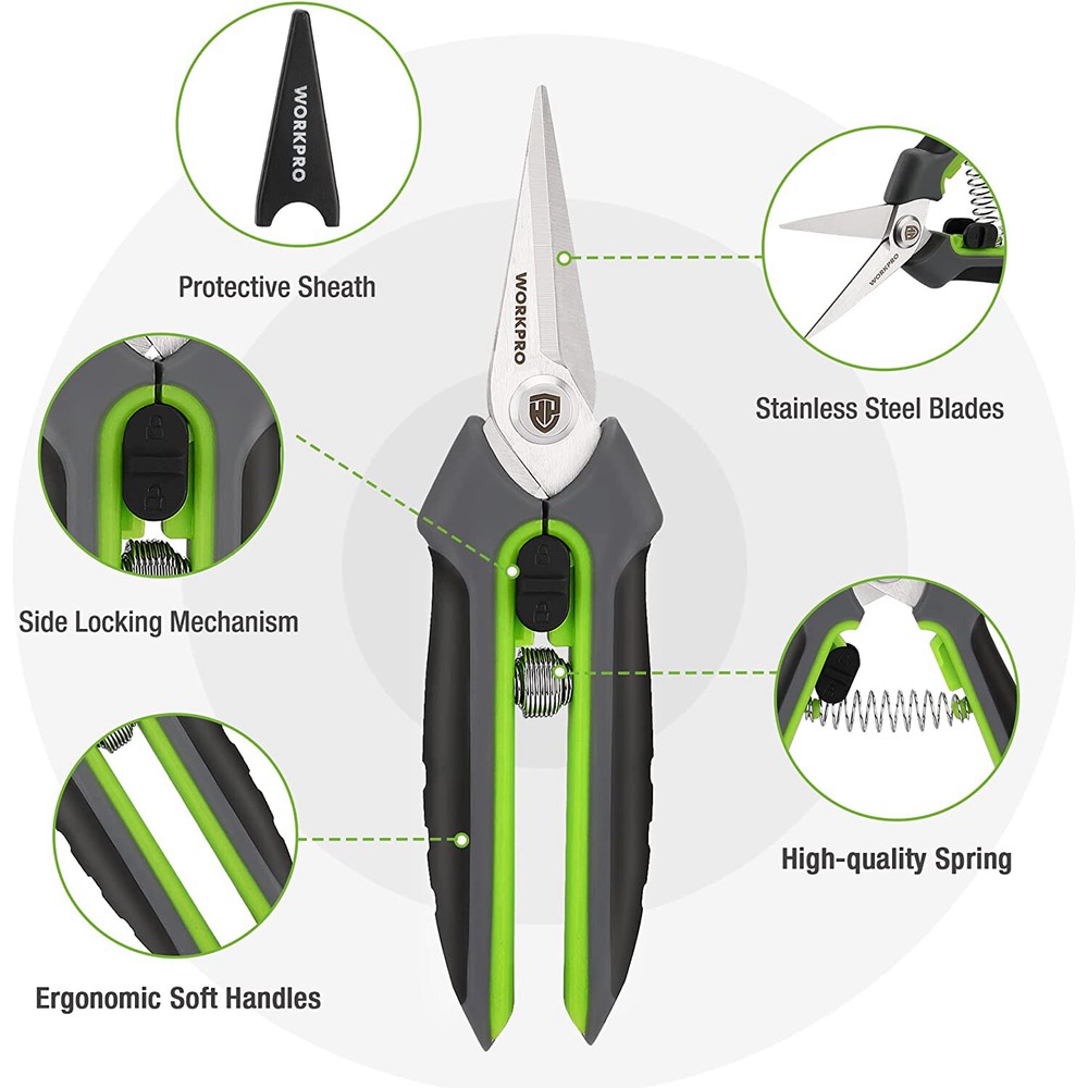 WORKPRO 2PC Pruning Shears 8" Bypass Pruning Shear 6.25" Straight Garden Scissor