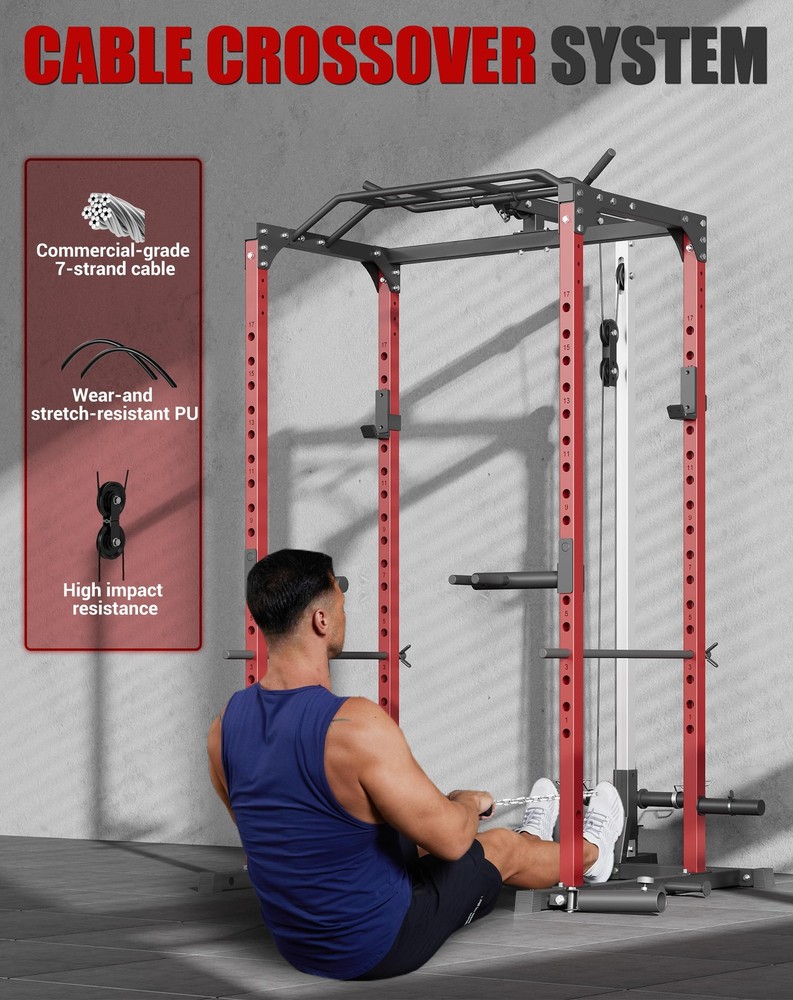 Power Cage Multi-function Power Rack w/Pulley System ,Dip Handles for Home Gym