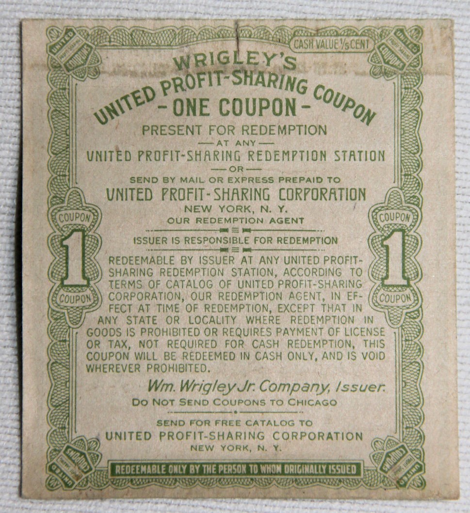 ORIGINAL WWII WRIGLEY'S JUICY FRUIT CHEWING GUM WRAPPER W/ PROFIT SHARING COUPON